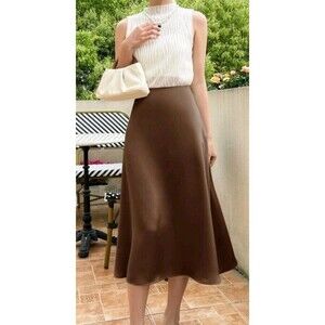Women's Casual Maxi Long Skirt High Waist Solid A-line Skirt Coffee Brown